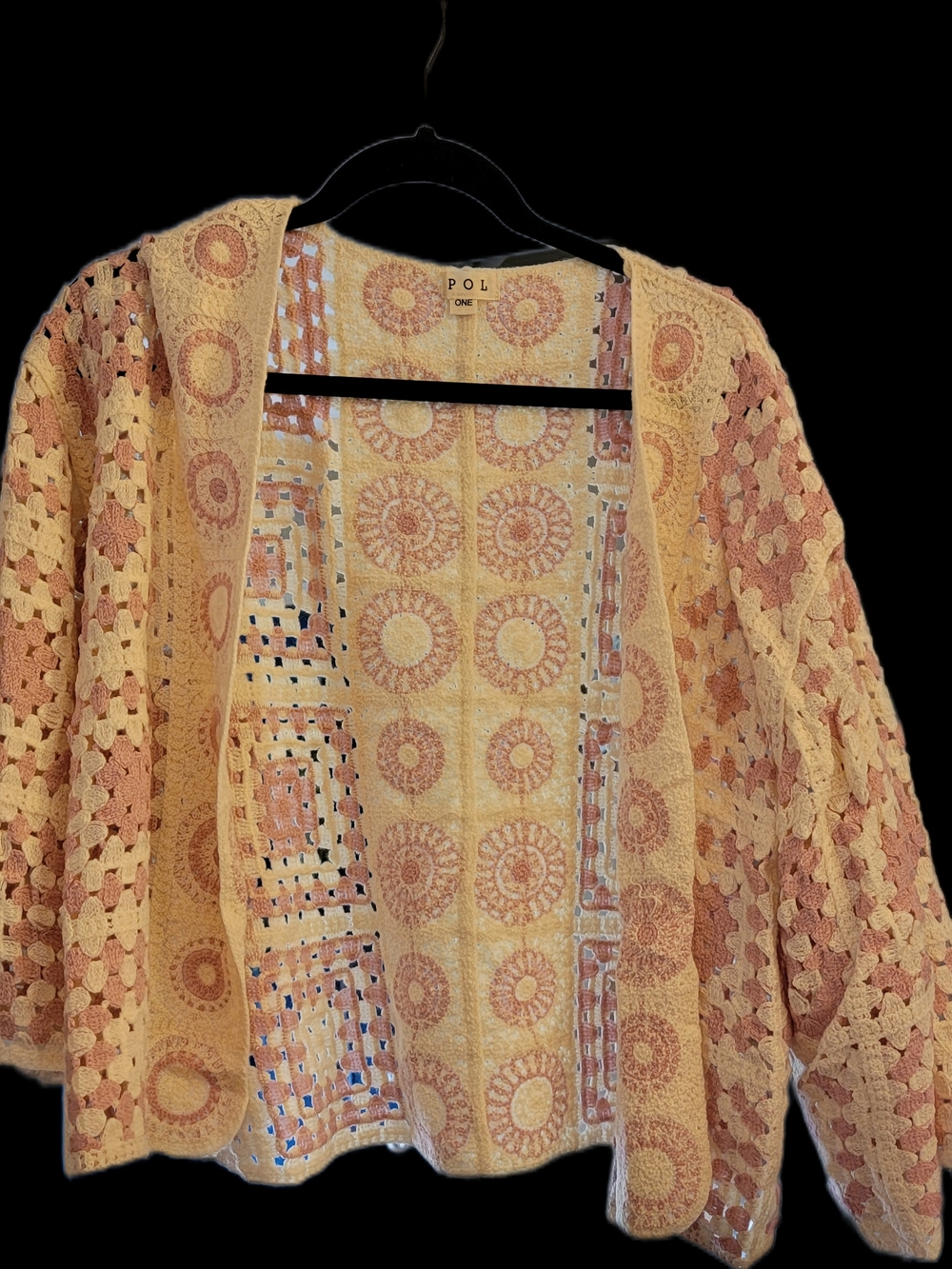 POL Open Crochet Cardigan in Soft Pink & Cream